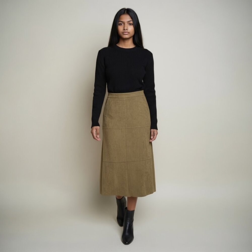 Runway-Inspired! NWT Olive Green Faux-Suede Midi Skirt S – Sleek Back Slit